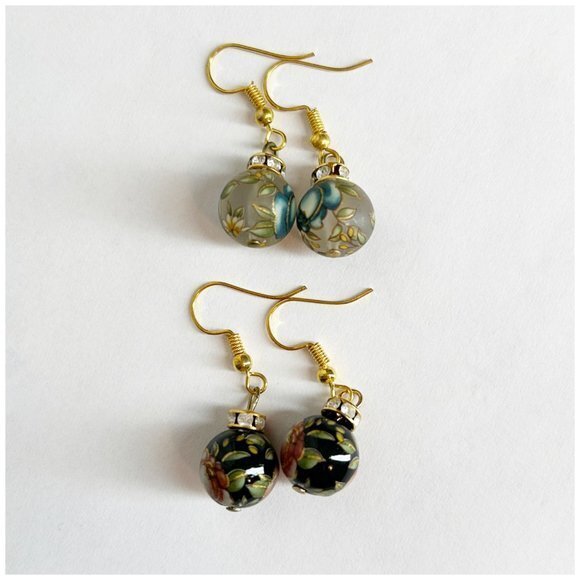 New Clossoine Earrings 2 Pairs - Black Pink Rose + Clear Blue Rose Rhinestones